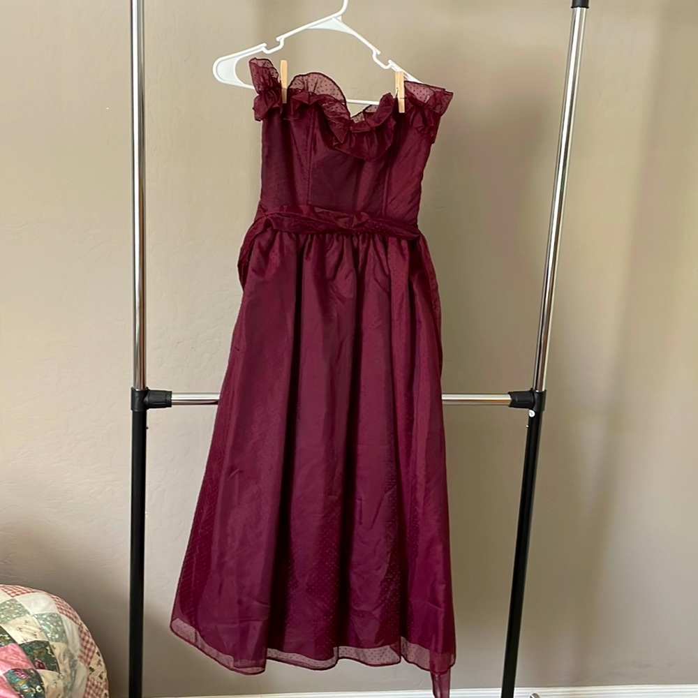 Gunne Sax Corset Strapless Maroon Swiss Dot Midi Dress